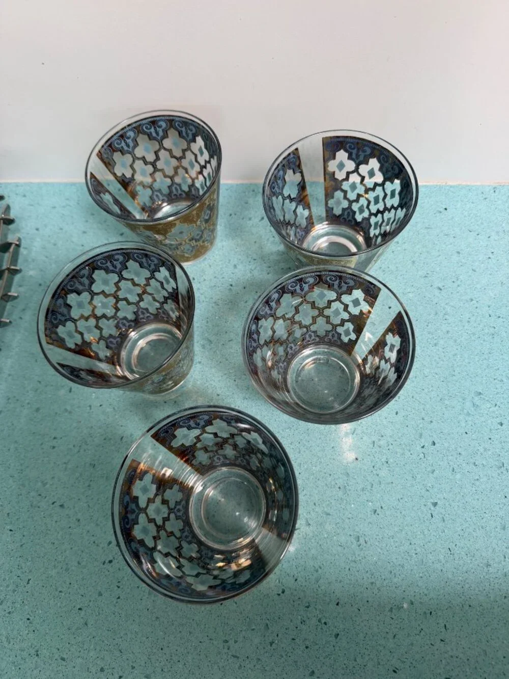 Culver Set of 5 MCM Seville 22K Gold Lattice Cocktail Glass Blue Vintage Rare